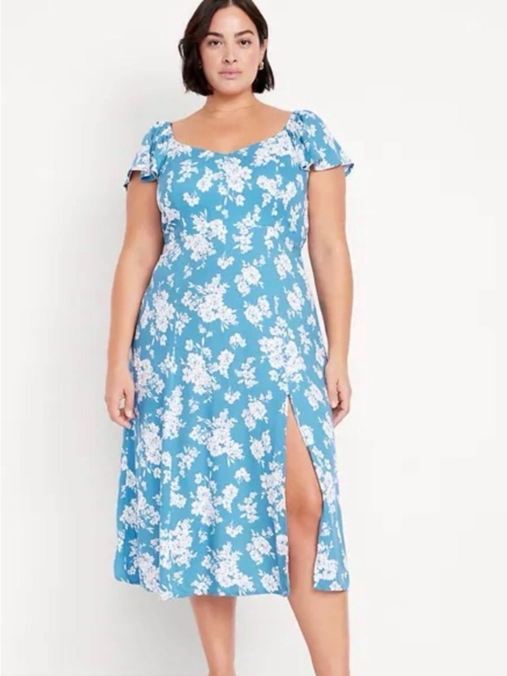 Old Navy Blue White Floral Flutter Sleeve Maxi Dress XL Smocked Back
